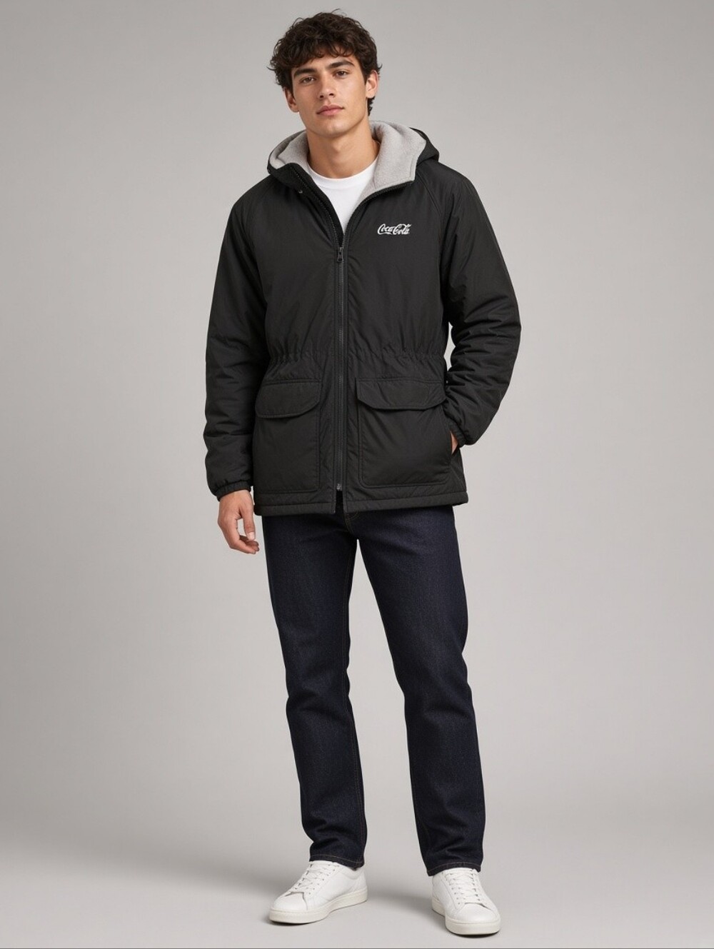 Coca Cola Black Jacket with Light Gray Sherpa Lining and Removable Hood